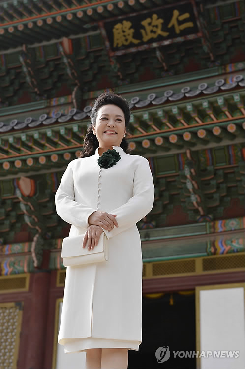 3日，中国国家主席习近平携夫人彭丽媛访问韩国。彭丽媛女士当天下午参观位于首尔的朝鲜王朝时期的宫殿——昌德宫。(韩联社)