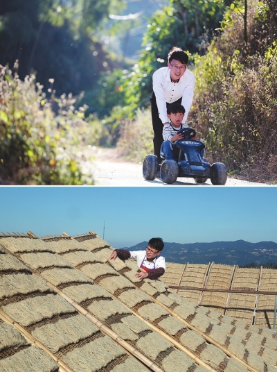 ?吴亮亮与孩子在玩耍（上图）；吴亮亮在自家房顶晾晒米粉（下图）。