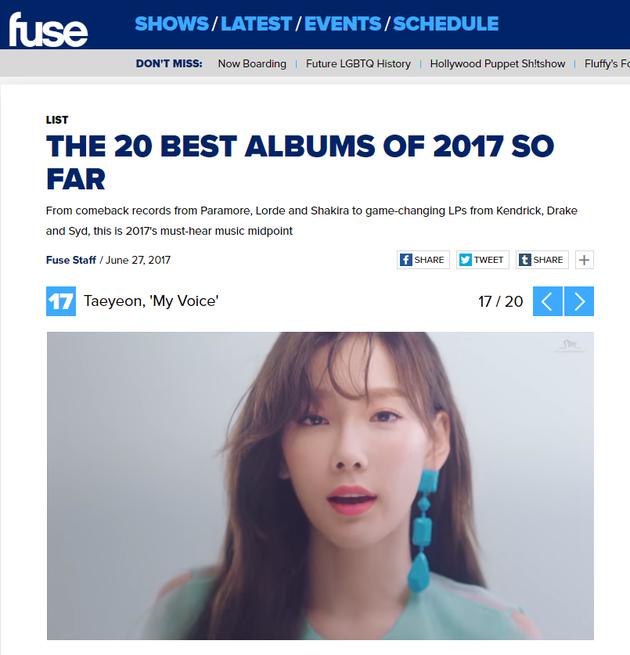 太妍(金泰妍)专辑《My Voice》入选美国FUSE TV 2017上半年最佳20张专辑