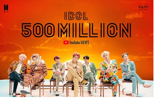 防弹少年团的《IDOL》在Youtube突破了5亿点击大关